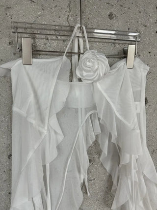 See-through flower frill long halterneck bustier