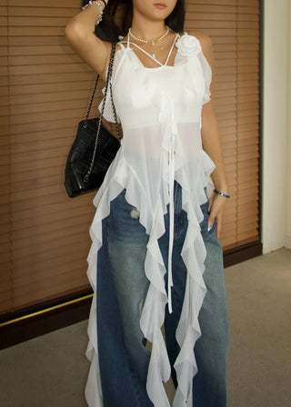 See-through flower frill long halterneck bustier