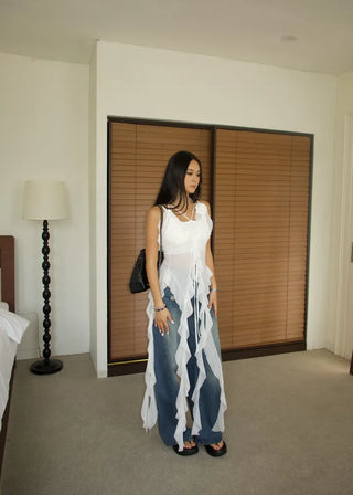 See-through flower frill long halterneck bustier