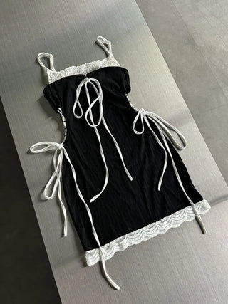 Side Hole Ribbon Corset Strap Mini Dress