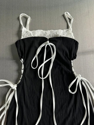 Side Hole Ribbon Corset Strap Mini Dress