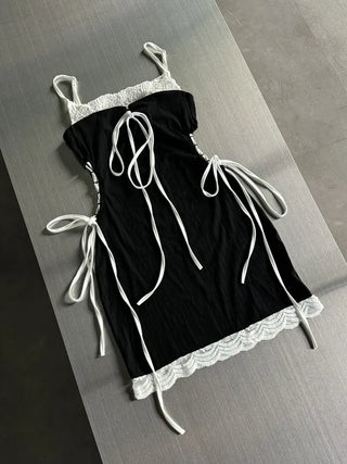 Side Hole Ribbon Corset Strap Mini Dress