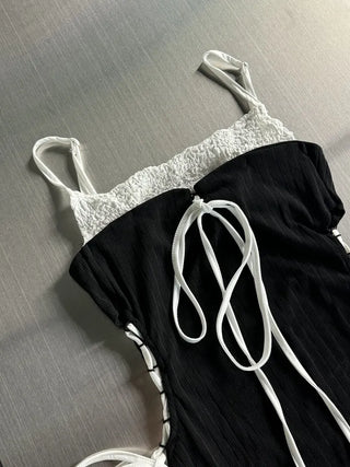 Side Hole Ribbon Corset Strap Mini Dress