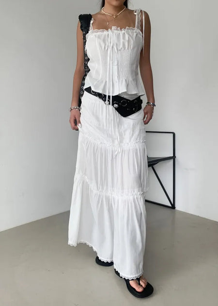 Shirring frill smoked white maxi long skirt