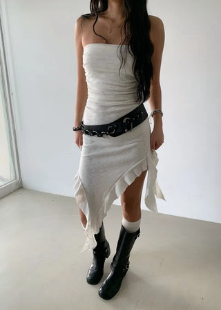 Slub Unbalanced Layered Frill Tube Top Dress