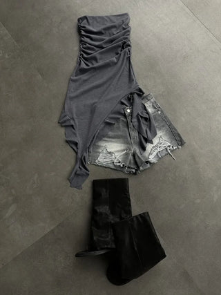 Slub Unbalanced Layered Frill Tube Top Dress