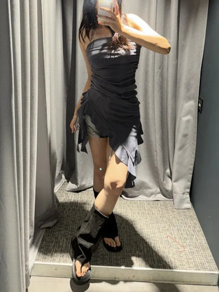 Slub Unbalanced Layered Frill Tube Top Dress