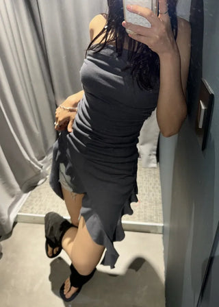 Slub Unbalanced Layered Frill Tube Top Dress