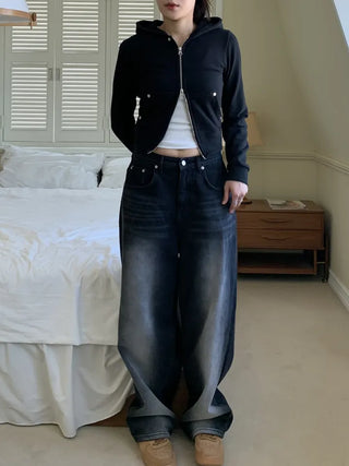 Vintage Eyelet Two-Way Zipper Crop Hoodie