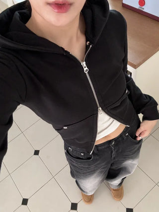 Vintage Eyelet Two-Way Zipper Crop Hoodie