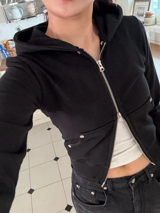 Vintage Eyelet Two-Way Zipper Crop Hoodie