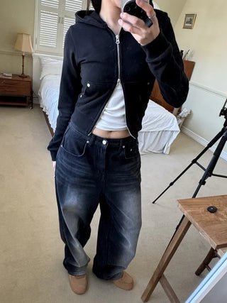 Vintage Eyelet Two-Way Zipper Crop Hoodie