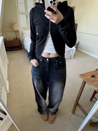 Vintage Eyelet Two-Way Zipper Crop Hoodie