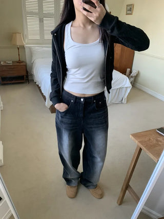 Vintage Eyelet Two-Way Zipper Crop Hoodie