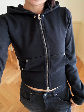 Vintage Eyelet Two-Way Zipper Crop Hoodie