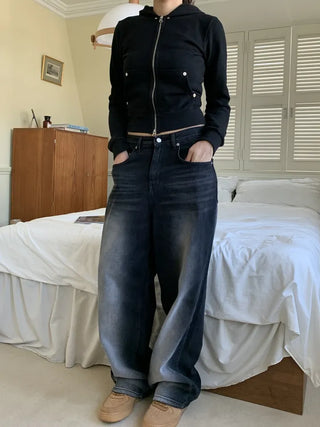 Vintage Eyelet Two-Way Zipper Crop Hoodie