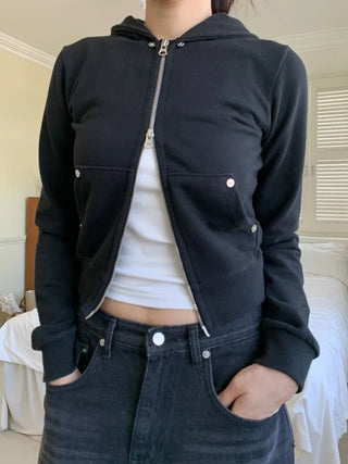 Vintage Eyelet Two-Way Zipper Crop Hoodie