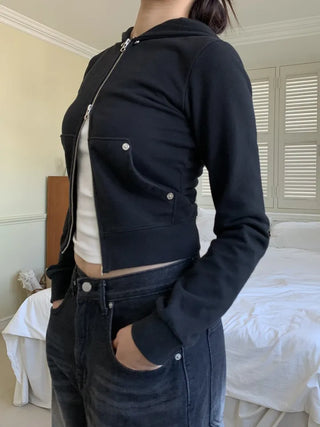 Vintage Eyelet Two-Way Zipper Crop Hoodie