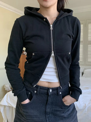 Vintage Eyelet Two-Way Zipper Crop Hoodie