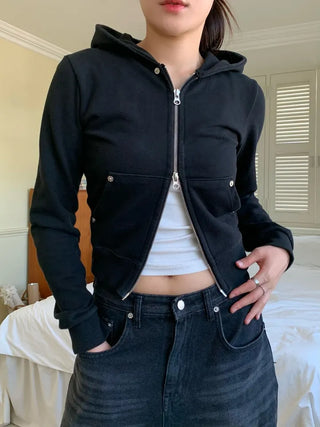 Vintage Eyelet Two-Way Zipper Crop Hoodie