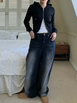 Vintage Eyelet Two-Way Zipper Crop Hoodie