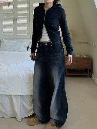 Vintage Eyelet Two-Way Zipper Crop Hoodie