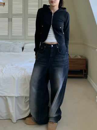 Vintage Eyelet Two-Way Zipper Crop Hoodie