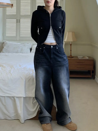 Vintage Eyelet Two-Way Zipper Crop Hoodie