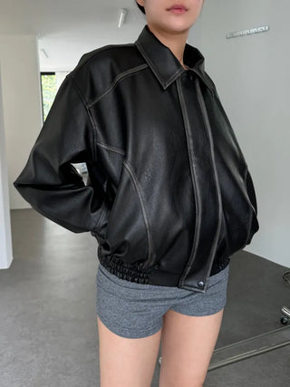 Washed leather jacket, washed vintage garments leather blouson jumper