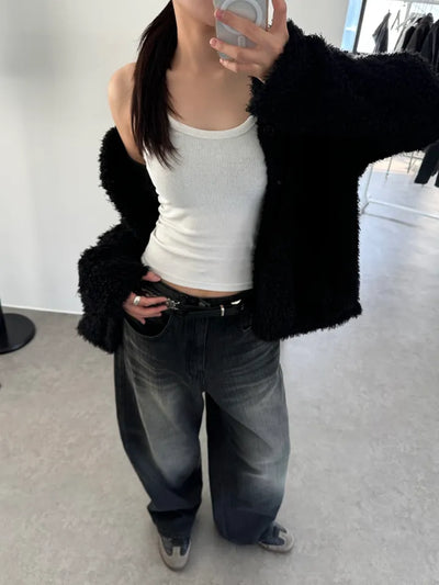 Mohair Oversized Hairy Overfit Fur Cardigan Black
