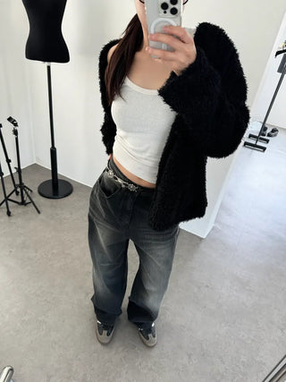 Mohair Oversized Hairy Overfit Fur Cardigan Black