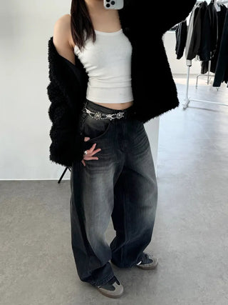 Black Green Teen Wide Denim Pants