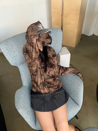 Oversized camouflage military hooded zip-up