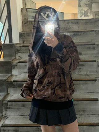 Oversized camouflage military hooded zip-up