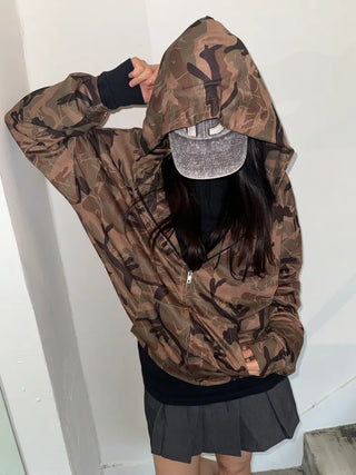 Oversized camouflage military hooded zip-up