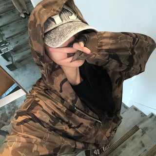 Oversized camouflage military hooded zip-up