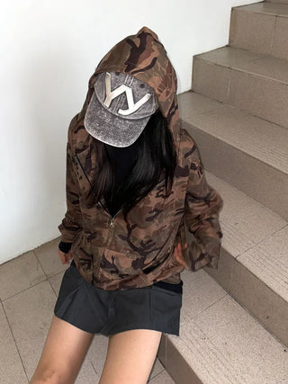 Oversized camouflage military hooded zip-up