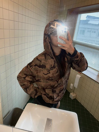 Oversized camouflage military hooded zip-up