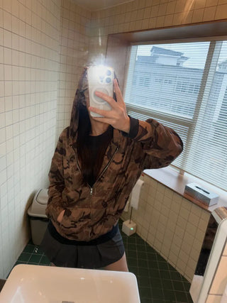 Oversized camouflage military hooded zip-up