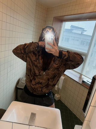 Oversized camouflage military hooded zip-up