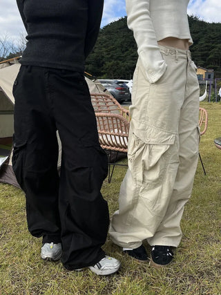 OOTJ/OOT Big Pocket Snap Button Bio-Washed Wide Cargo Pants