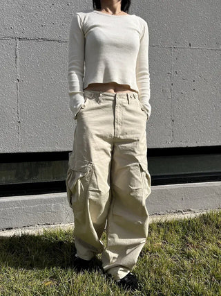 OOTJ/OOT Big Pocket Snap Button Bio-Washed Wide Cargo Pants