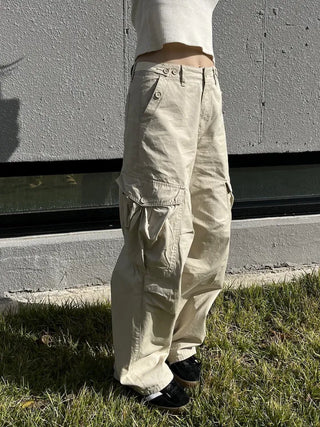 OOTJ/OOT Big Pocket Snap Button Bio-Washed Wide Cargo Pants