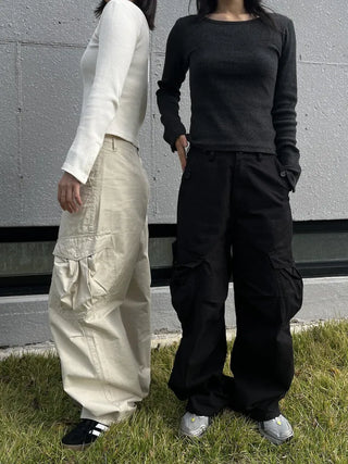 OOTJ/OOT Big Pocket Snap Button Bio-Washed Wide Cargo Pants