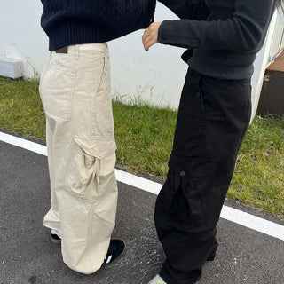 OOTJ/OOT Big Pocket Snap Button Bio-Washed Wide Cargo Pants