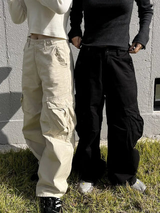 OOTJ/OOT Big Pocket Snap Button Bio-Washed Wide Cargo Pants