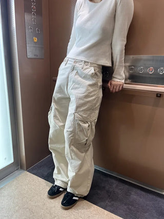 OOTJ/OOT Big Pocket Snap Button Bio-Washed Wide Cargo Pants