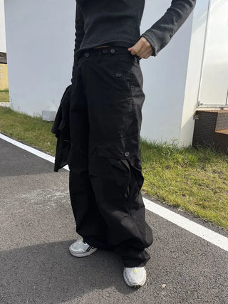 OOTJ/OOT Big Pocket Snap Button Bio-Washed Wide Cargo Pants