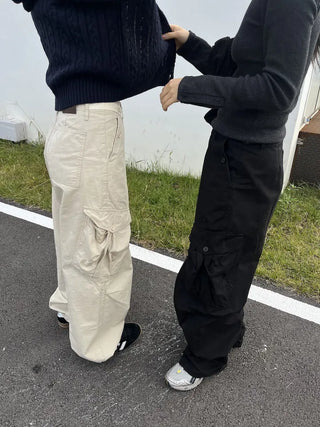 OOTJ/OOT Big Pocket Snap Button Bio-Washed Wide Cargo Pants