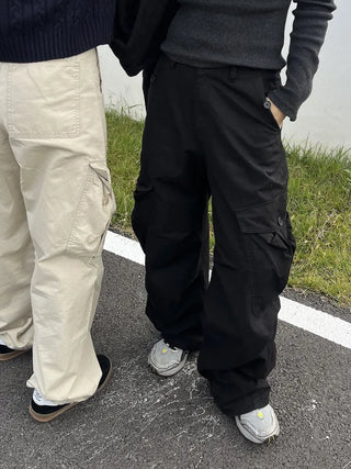 OOTJ/OOT Big Pocket Snap Button Bio-Washed Wide Cargo Pants